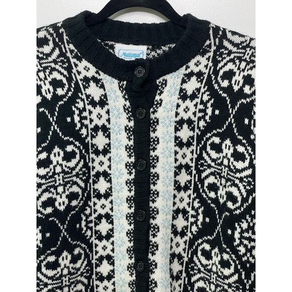 Vintage National Fair Isle Sweater Button Front Cardigan Black White Womens Sz S - Picture 2 of 9